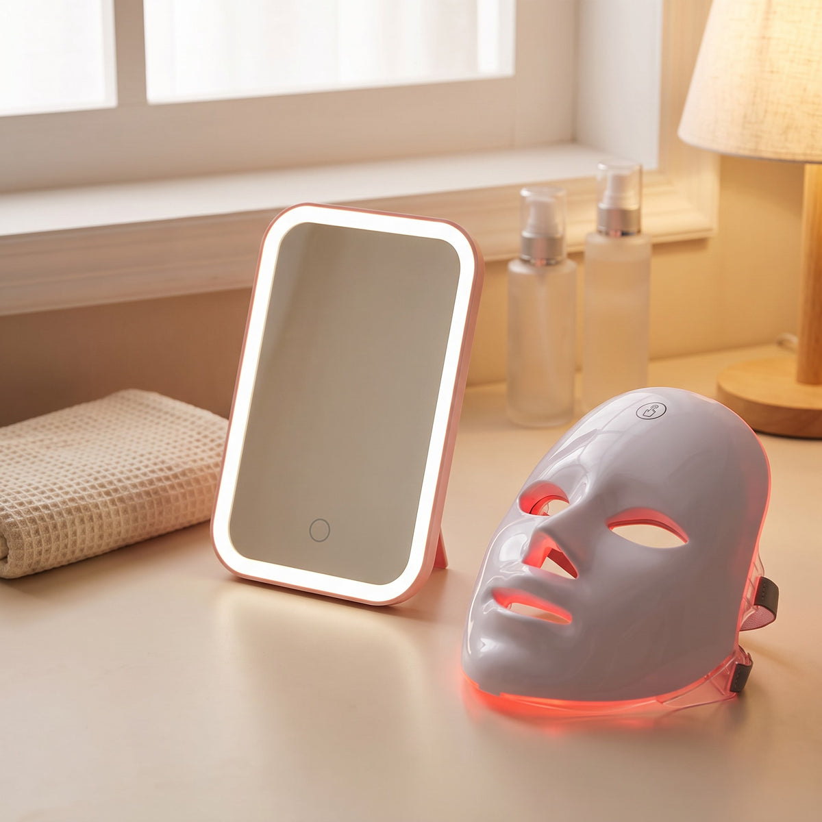 Lumeri LED set – LED maska s červeným světlem a růžové LED zrcátko