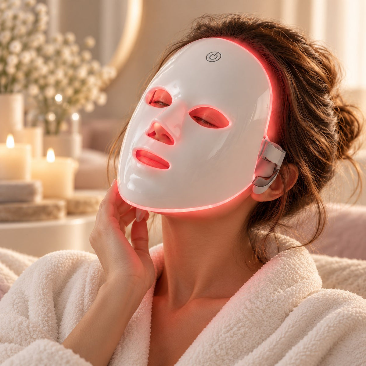 Žena v županu odpočívá s rozsvícenou LED maskou Lumeri